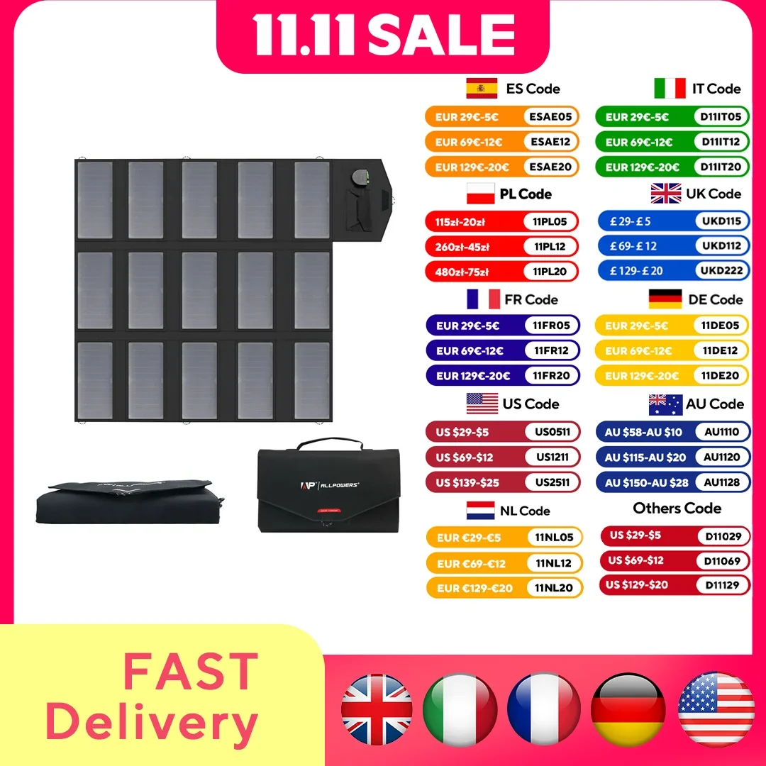 Panneau solaire portable ALLPOWERS 100 W, chargeur solaire pliable (18 V/12 V) pour ordinateurs portables, téléphones et stations d'alimentation - Idéal pour les voyages et le camping