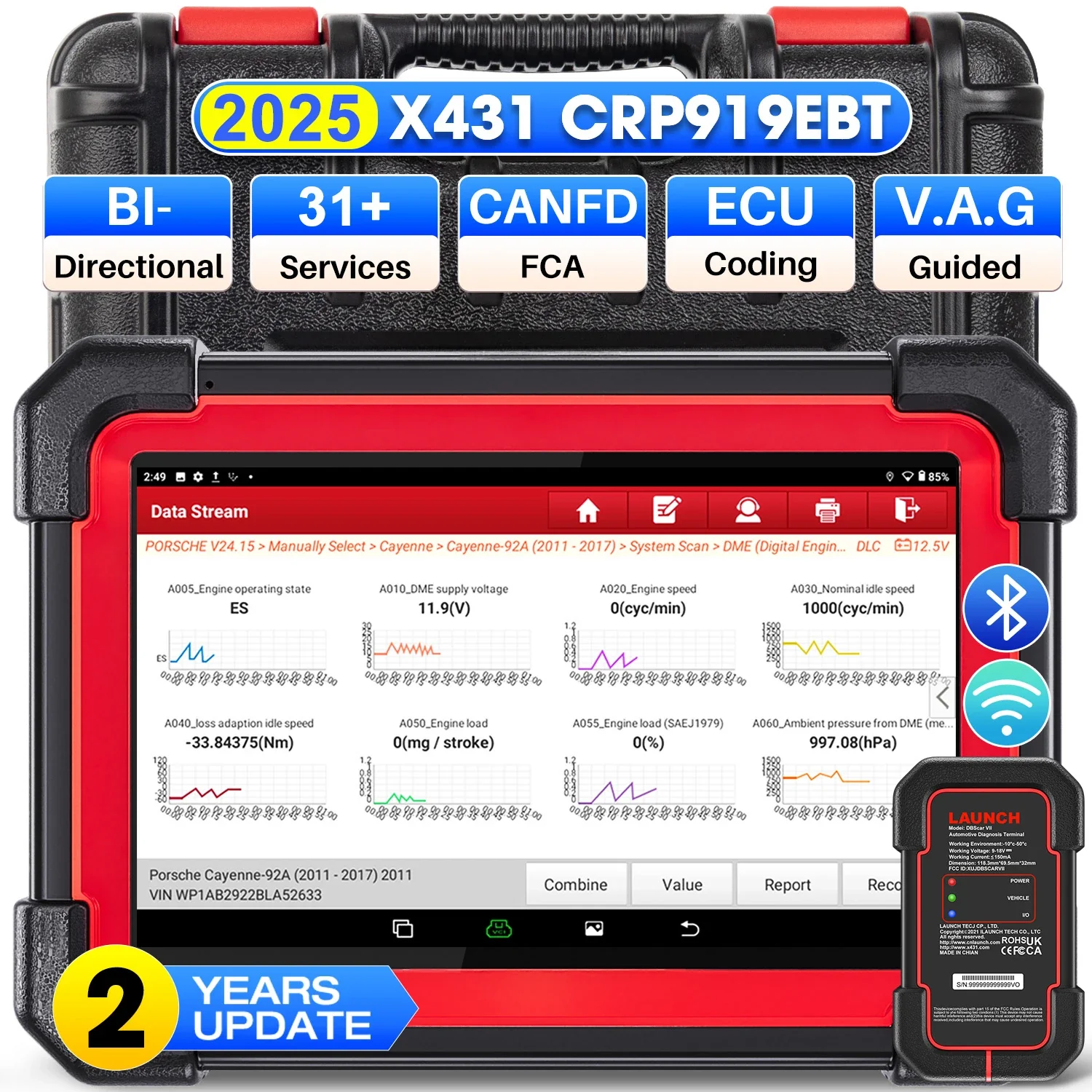 Outil de diagnostic automobile Bluetooth LAUNCH X-431 CRP919E - Scanner OBDII avec Dbscar VII, plus de 31 fonctions de réinitialisation, CAN FD et DoIP, capacité de codage ECU