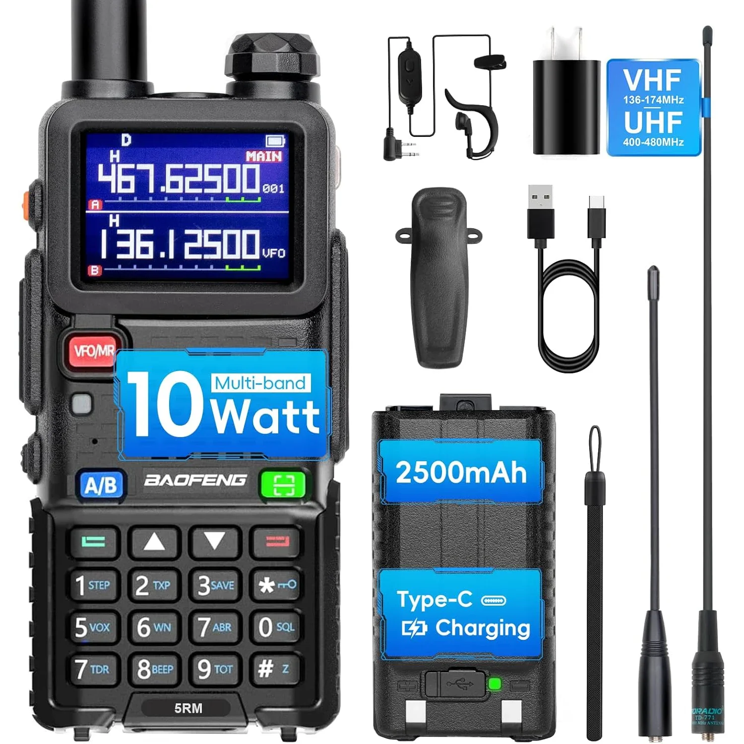 Radio radioamateur BAOFENG UV-5RM 5W longue portée GMRS/FRS, radio météo NOAA, radio portable rechargeable bidirectionnelle
