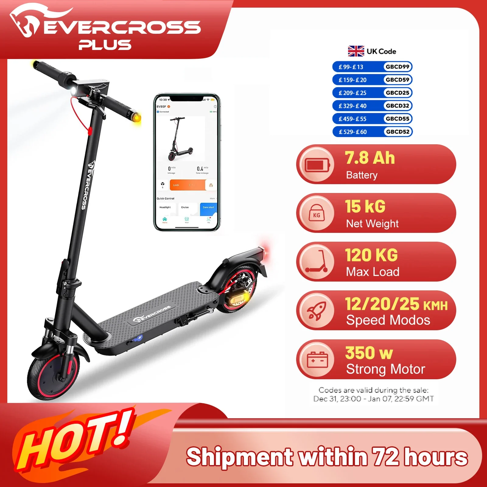 Trottinette électrique EVERCROSS PLUS EV85F - Conception pliable, moteur de 350 W, batterie de 1 mAh, double freinage et suspension