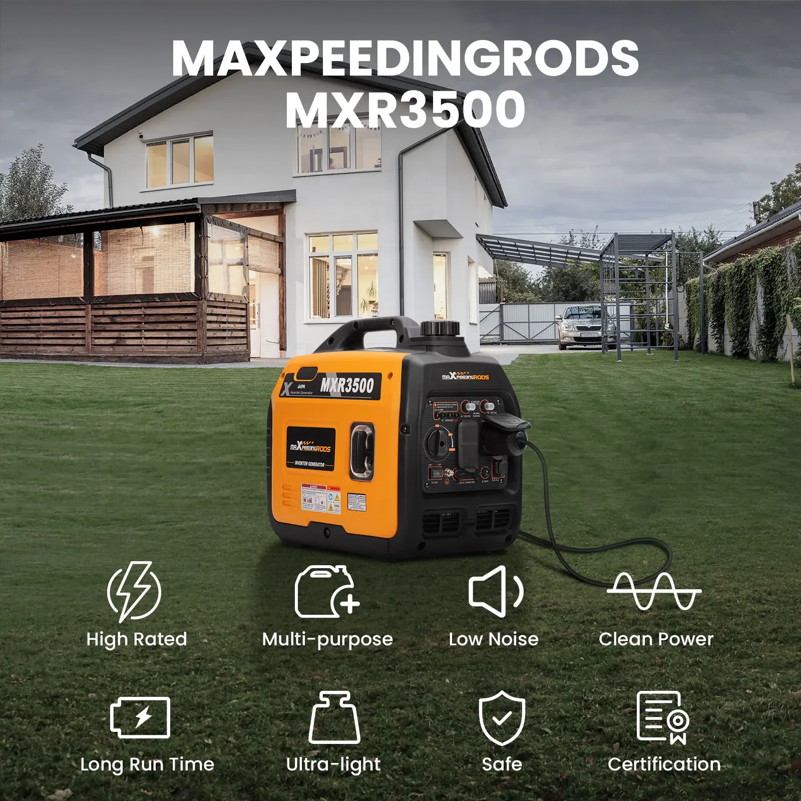 MAXPEEDINGRODS MXR3500 Générateur à essence portable à onduleur de 3500 watts pour le camping, les véhicules récréatifs et l'alimentation de secours à domicile