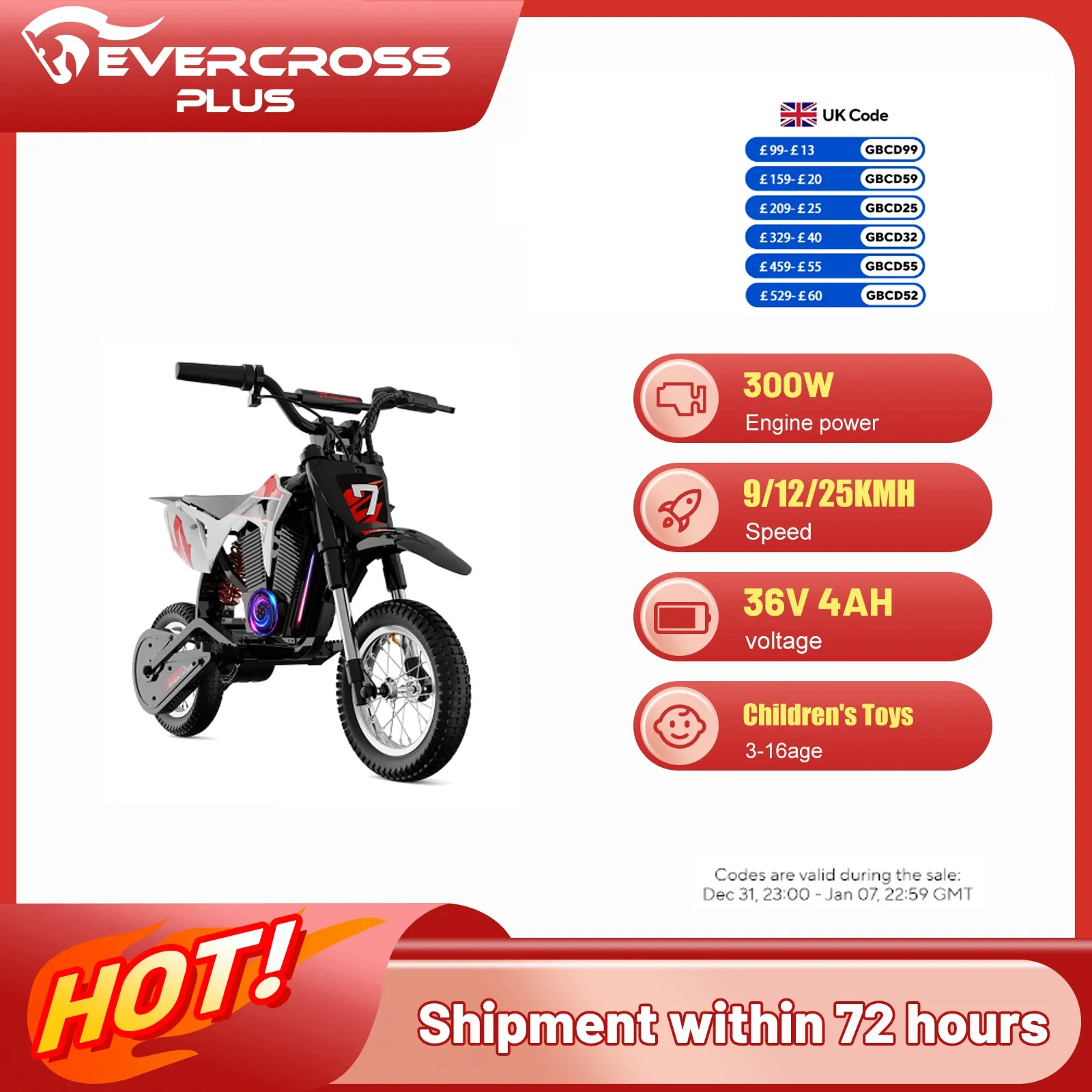 Moto tout-terrain électrique pour enfants EVERCROSS PLUS EV12M Pro - Moteur 300 W, vitesse 25 km/h, autonomie 15 km, Bluetooth et lumières LED, pneus 12 pouces