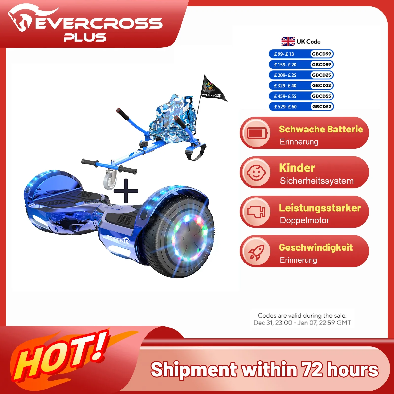Hoverboard EVERCROSS PLUS XP9 avec siège - Bluetooth, lumières LED, batterie 4 Ah, vitesse jusqu'à 15 km/h, hoverkart pour enfants