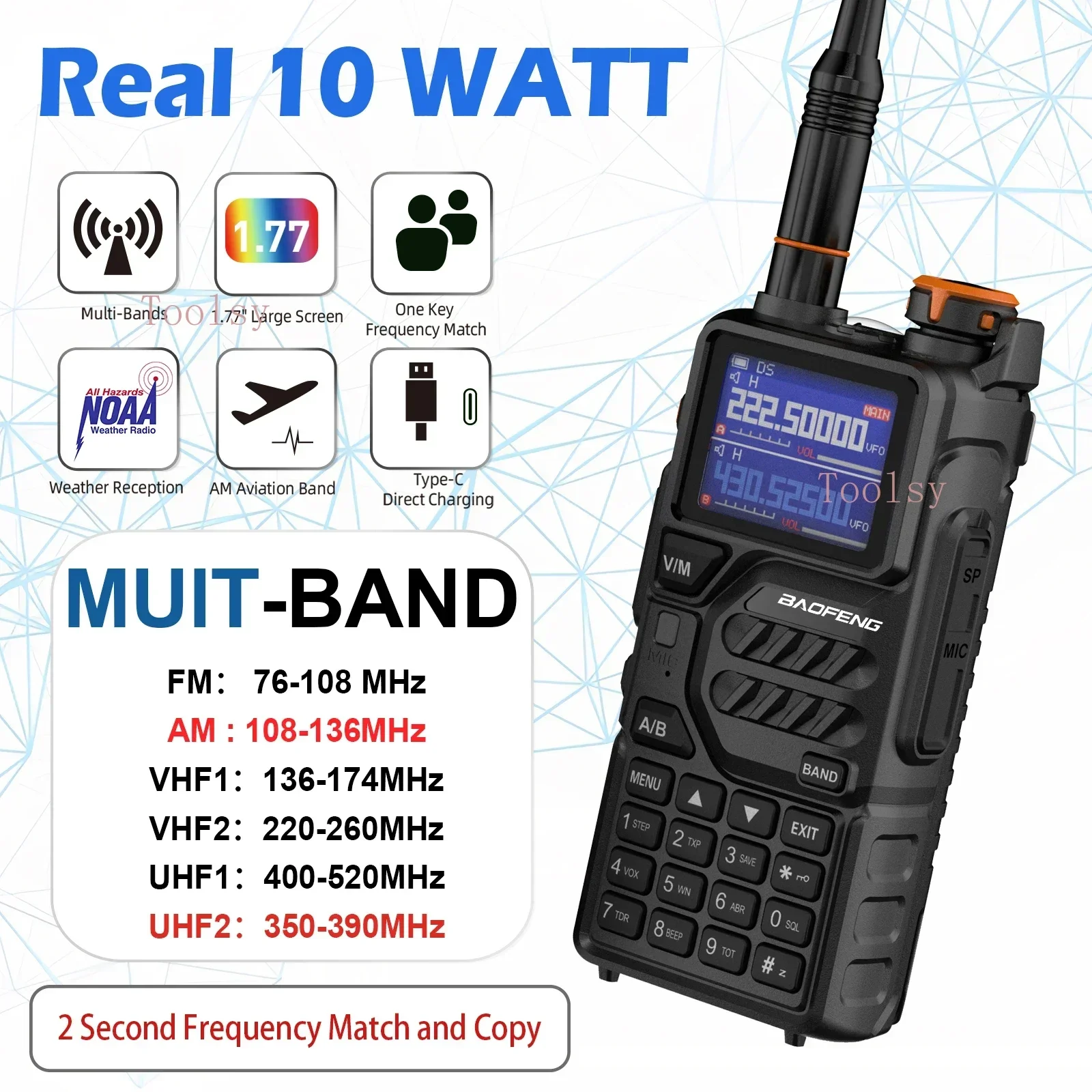 Talkie-walkie Baofeng K5 Plus - 10 W, Type-C, 430-440 MHz, 999 canaux, batterie 2500 mAh, pour activités de plein air/camping/chasse