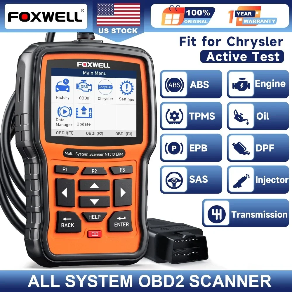 FOXWELL NT510 Elite : Outil de diagnostic bidirectionnel tous systèmes pour véhicules Chrysler et Dodge – Inclut la remise à zéro de l’huile, l’EPB, le SAS, le TPMS et le codage de l’ECU